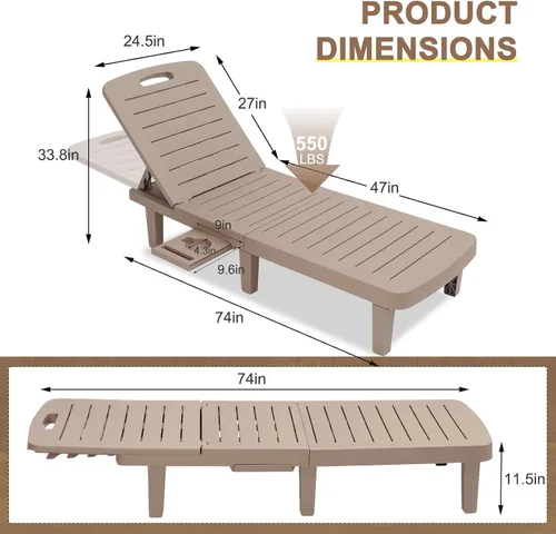 Vista 6 de CDCASA Juego de 4 tumbonas para exteriores, sillas de piscina con 5 posiciones ajustables y bandeja lateral, sala de descanso de resina impermeable