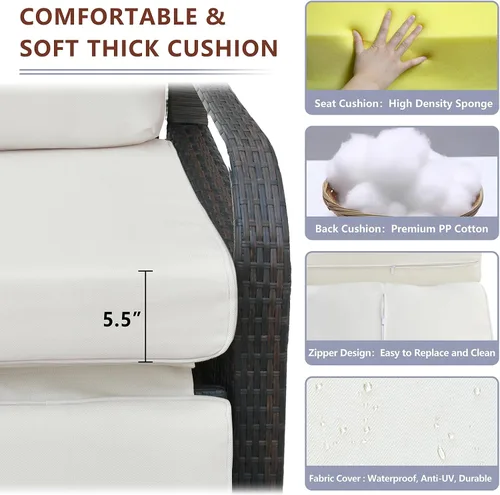 Vista 4 de Silla reclinable de aire libre para patio, resina de mimbre con cojines amortiguadores, auto ajustable, sofá de ratán, UV/Fade/Resistente al Mimbre
