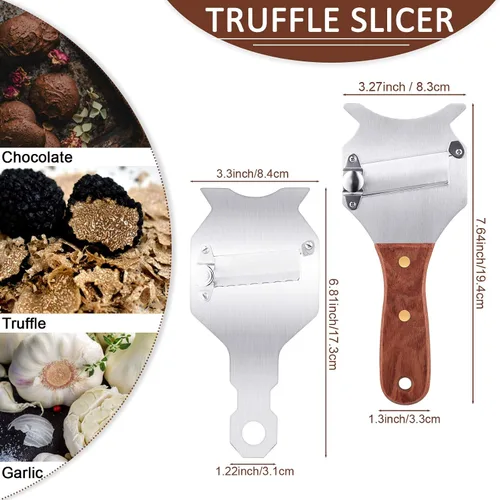 Vista 2 de Patelai Afeitadora de trufa de acero inoxidable, 2 piezas, para queso, chocolate, trufa, rallador con hoja ajustable, mango de palisandro