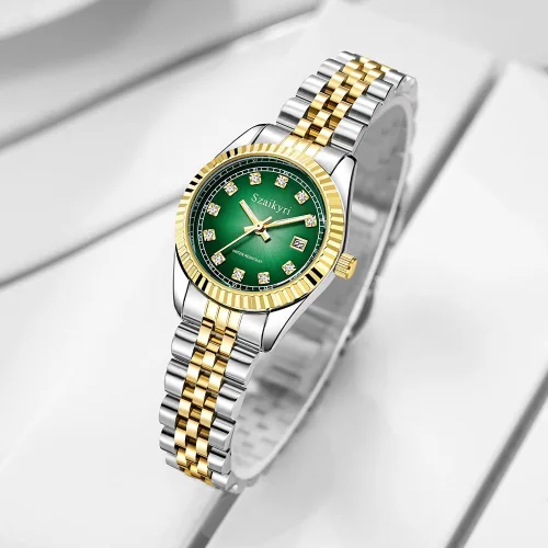Vista 4 de Reloj clásico para mujer con banda de acero inoxidable sólido, reloj de vestir para mujer, reloj con calendario