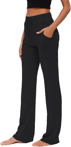 Vista 4 de Pantalones de yoga para mujer con bolsillos, pantalones de yoga holgados de pierna recta con cordón para yoga y correr, estilo casual