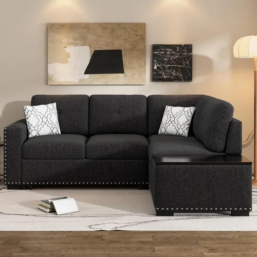 Vista 17 de Moderno sofá cama extraíble de lino con reposacabezas ajustable y carga inalámbrica, sofá esquinero en forma de L de 96 pulgadas, sofá modular