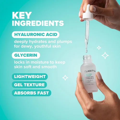 Vista 3 de ClarityRx Dosis diaria de suero facial hidratante de ácido hialurónico de agua, tratamiento hidratante diario natural a base de plantas para piel
