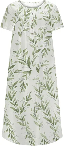 Vista 4 de Vestido tipo camiseta para mujer, casual, cuello en V, estampado floral, maxi vestidos con botones, vaporoso, bohemio, playa, vestido de verano