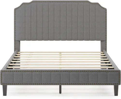 Vista 7 de Base de cama tapizada Queen con cabecero, base de colchón con soporte de listones de madera, cama de plataforma moderna, no necesita somier, fácil