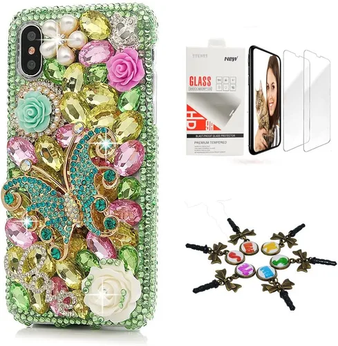 Vista 14 de Sparkle Funda compatible con iPhone 12, elegante funda 3D hecha a mano con diseño de mariposa, rosas, diamantes de imitación y purpurina