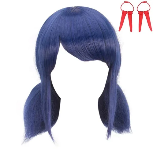 Vista 2 de DAZCOS Peluca de cosplay de anime para niñas y mujeres, cabello azul con cuerda roja