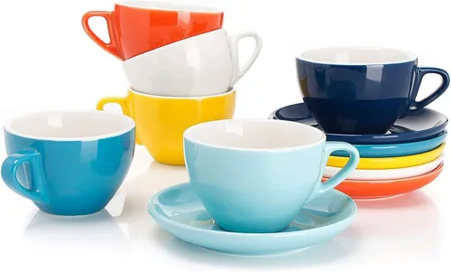 Vista 10 de Sweese Tazas de espresso de 2 onzas con platillos, juego de 6 tazas de espresso de porcelana, colores surtidos
