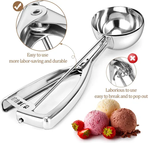 Vista 4 de Juego de 3 cucharas de galletas para hornear – Cuchara de helado de acero inoxidable – Cuchara de helado con liberación de gatillo para melón Baller