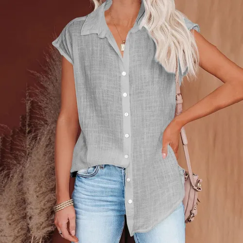 Vista 6 de Ceboyel Camisas para mujer de moda de verano, algodón, lino, manga corta, cuello con botones, blusa casual para mujer 2023