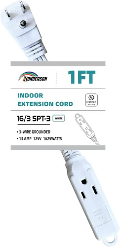 Vista 15 de Cable de extensión de enchufe plano de 3 tomas, certificado UL, cable de extensión para interiores de 16 calibre 1 pie negro de 3 puntas, tira