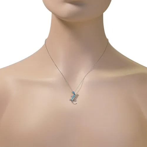 Vista 3 de My Daily Styles Collar con colgante de ópalo simulado de plata de ley 925 para mujer, color azul turquesa y lagarto, Plata esterlina, Ópalo