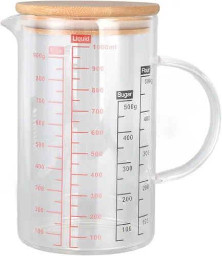 Vista 4 de Vaso medidor de vidrio, con boquilla en forma de V, con mango aislante, tazas medidoras de líquidos con tapa, para el hogar, uso en restaurantes