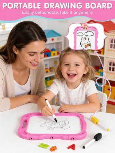 Vista 6 de Lehoo Castle Caballete para niños, caballete de arte para niños 4 en 1 de doble cara con pizarra blanca magnética y pizarra de tiza, caballete