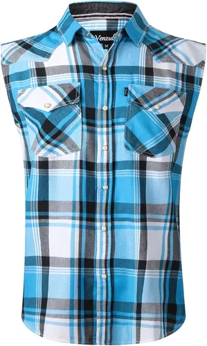 Vista 12 de Camisa casual de franela a cuadros con broches sin mangas con bolsillo para hombre