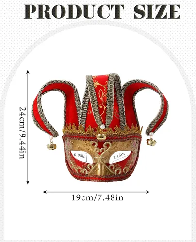 Vista 6 de Zinniday Máscara veneciana de bufón para mascarada, máscaras de comedia Oro y rojo