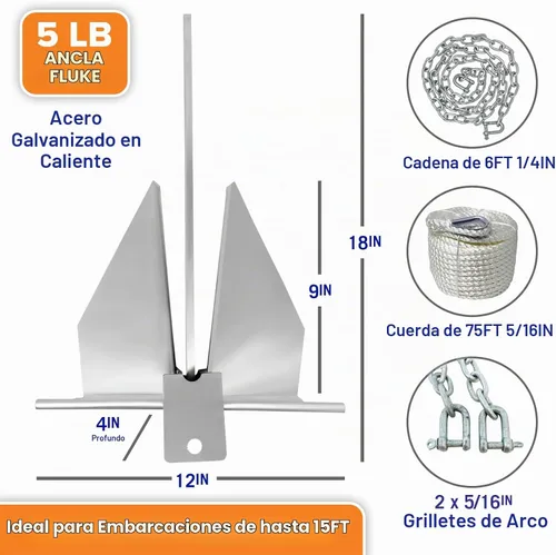 Vista 6 de Kit de anclaje para lancha pesada Fluke Anchor con cadena de anclaje y cuerda de anclaje para lancha para incluir anclajes de barco para barcos