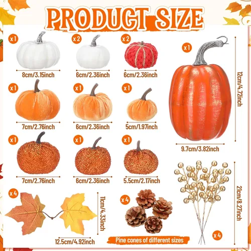 Vista 2 de AceOrbit Juego de 24 calabazas artificiales de otoño de Acción de Gracias con hojas de arce, piñas y bayas para decorar mesa de otoño, centro