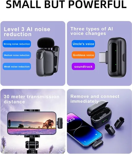 Vista 3 de T1 mini micrófono inalámbrico Lavalier para iPhone/Android/iPad, reducción de ruido de 3 niveles, duración de la batería de 30 horas, cambiador