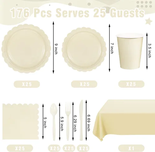 Vista 2 de 176 platos y servilletas color marfil, platos festoneados beige, servilletas, vasos, cubiertos, mantel para baby shower, boda, decoración de fiesta