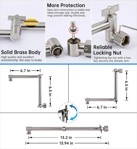 Vista 5 de G-Promise Brazo de Extensión para Cabezal de Ducha de 13 Pulgadas, Extensor de Latón Macizo Ajustable en Altura y Ángulo, Eleva o Baja la Ducha
