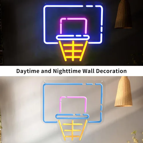 Vista 5 de Letrero de neón de aro de baloncesto para decoración de pared, letrero de luz LED regulable con control de brillo para fanáticos de los deportes