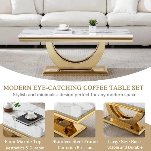 Vista 4 de Henf Mesa de centro moderna de mármol con pedestal de acero inoxidable, mesas de café doradas de lujo de 47 pulgadas para sala de estar, mesa