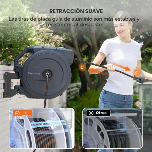 Vista 3 de Giraffe Tools Carrete de manguera de pared resistente, manguera retráctil de 5/8 pulgadas x 90 pies con rebobinado automático, giro de 180°, bloqueo