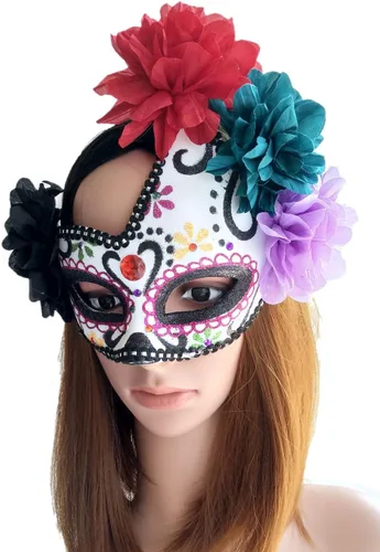 Vista 4 de Máscara mexicana del día de los muertos, calavera de azúcar, máscara para mujer