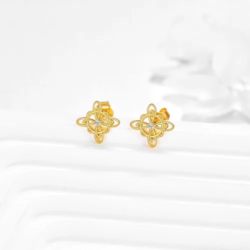 Vista 3 de Aretes de nudo de bruja de oro de 14 quilates para mujer, aretes de oro amarillo con nudo celta, aretes de tuerca de oro sólido, brujas triquetra