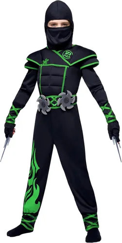 Vista 4 de Spooktacular Creations Disfraz de ninja para niños, conjunto de lujo de Ninja muscular, disfraz unisex de Kungfu de Halloween con accesorios de Verde