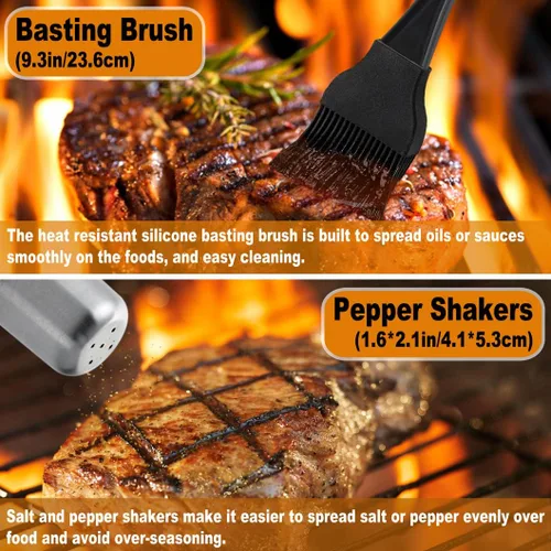 Vista 9 de POLIGO 28 accesorios para asar en bolsa con inyector de carne, garras de barbacoa, esteras, termómetro para ahumador, juego de utensilios de Negro