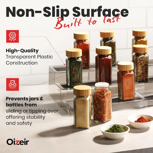 Vista 3 de Oizeir Estante organizador de especias expandible – 3 niveles – Estante transparente ajustable para organización de especias para armario de cocina