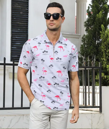 Vista 2 de Idgreatim Camisa polo hawaiana con cremallera para hombre, absorbe la humedad, manga corta, para golf, tallas S-XXL