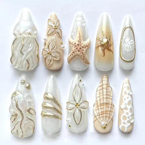 Vista 23 de 24 piezas de uñas postizas de punta francesa a presión, uñas postizas medianas en forma de almendra con diseño de ondas azul oscuro, uñas postizas
