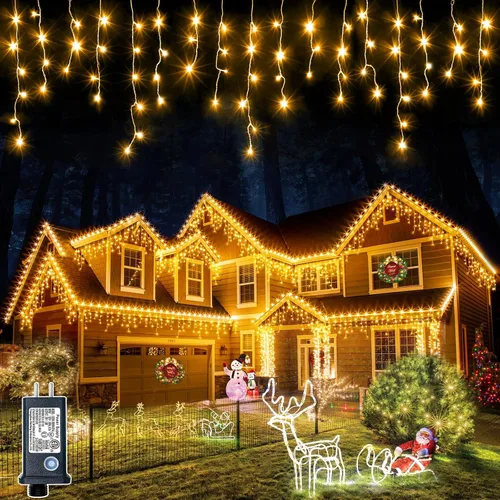 Vista 9 de Luces de Navidad de carámbano para exteriores, 66 pies, 640 luces LED de Navidad azules y blancas, 8 modos con 120 gotas, luz de carámbano