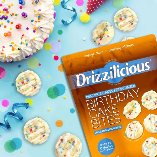 Vista 4 de Drizzilicious Mini Tortas de Arroz Sabor Pastel de Cumpleaños - Crujientes de Arroz, Aperitivo Saludable para Adultos y Niños, Tortas de Arroz