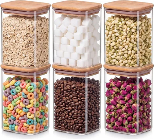 Vista 10 de Paquete de 6 tarros de almacenamiento de vidrio rectangulares pequeños de 0.7 cuartos de galón con tapas de bambú Minimalist Kitchen