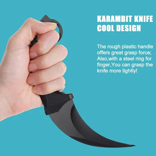 Vista 3 de 2 Piezas Cuchillo Karambit de Hoja Fija, Herramienta Táctica de Acampada, Cuchillo de Caza al Aire Libre con Funda y Cordón, Adecuado