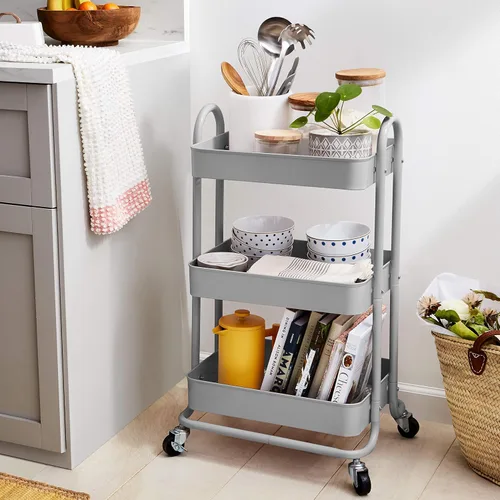 Vista 6 de Amazon Basics - Carrito de servicio o de cocina de 3 niveles, con ruedas, con cerradura, almacenamiento multifuncional, color carbón