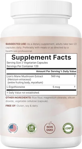 Vista 6 de Micro Ingredients Extracto de hongo melena de león con L-ergotioneína, 240 cápsulas vegetales, suministro para 4 meses Sin OMG