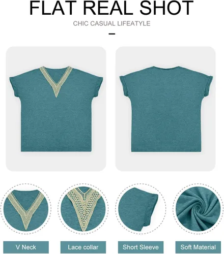 Vista 5 de Blusa de manga larga con cuello en V y encaje, de talla grande, a la moda, linda, holgada, de color sólido, A-Verde-1