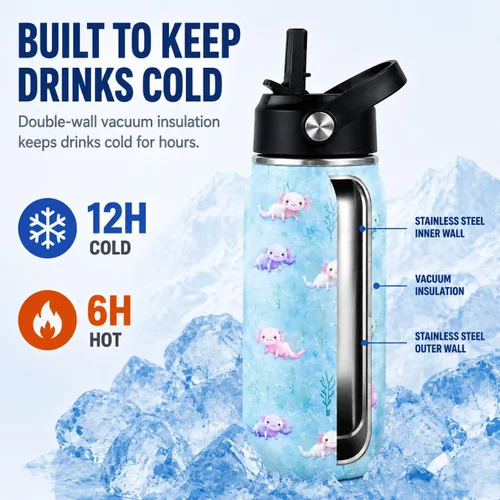 Vista 4 de Botella de agua de 16 onzas para niños, linda botella de acero inoxidable aislada con tapa abatible con popote abatible a prueba de fugas, taza