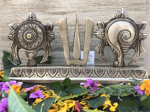 Vista 3 de Aakrati Shankh Chkra Nama Latón Estatua Religiosa Marrón - Símbolo Vishnu
