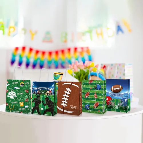 Vista 6 de Zonon 20 bolsas de regalo de fiesta de fútbol, bolsas de regalo de papel con patrón de fútbol, golosinas con asas, para equipos deportivos de rugby