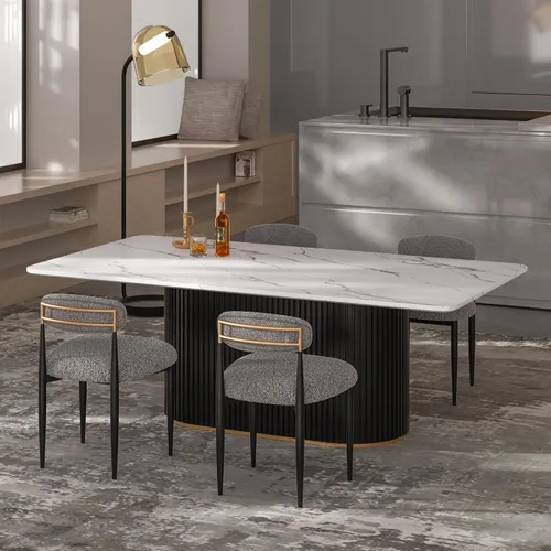 Vista 20 de Juego de mesa de comedor moderno Morden Fort para 4, mesa de cocina de 70" con tapa rectangular de mármol y base estriada negra, 4 sillas tapizadas