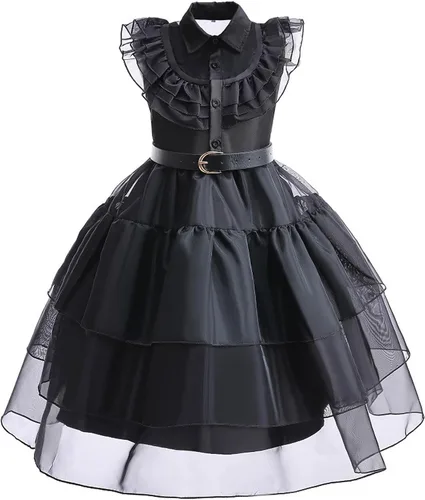 Vista 2 de Addams - Disfraz de Addams para niñas, vestido con collar, color negro, disfraz de Halloween