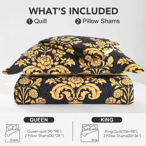Vista 8 de Juego de edredón de 3 piezas, 100% algodón suave, diseño floral negro y amarillo, reversible, ligero, para todas las estaciones