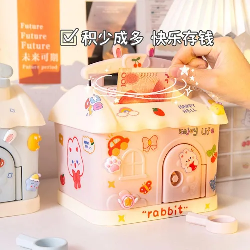 Vista 3 de Alcancía Kawaii con calcomanías y parches, banco de dinero Kawaii para papel y monedas, bonita caja de almacenamiento de artículos para la escuela