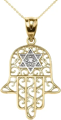 Vista 3 de Collar con colgante de oro amarillo de 14 k con diseño de mano de Hamsa con estrella de David centrado en diamantes